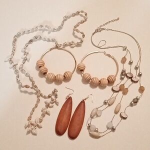 #1025. 4 Piece Earthy Boho, Wood & Shell Necklace And Earring Bundle.